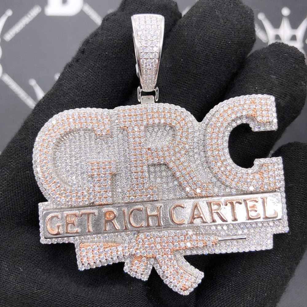 .925 Silver Get Rich Cartel VVS CZ Iced Out Pendant White Gold HipHopBling