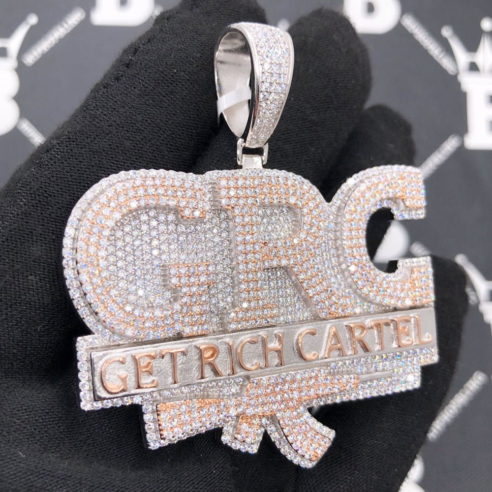 .925 Silver Get Rich Cartel VVS CZ Iced Out Pendant White Gold HipHopBling