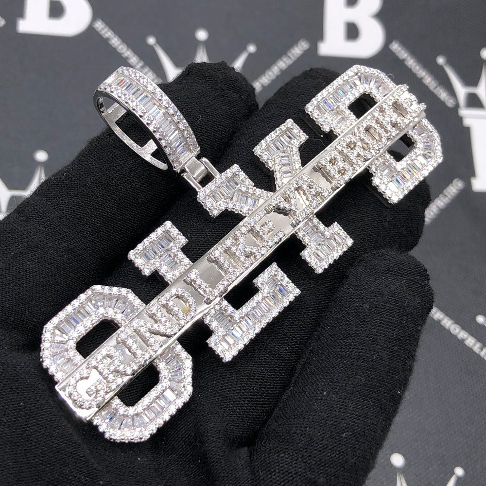 .925 Silver GLYB Grind Like Ya Broke Baguette CZ Iced Out Pendant White Gold HipHopBling