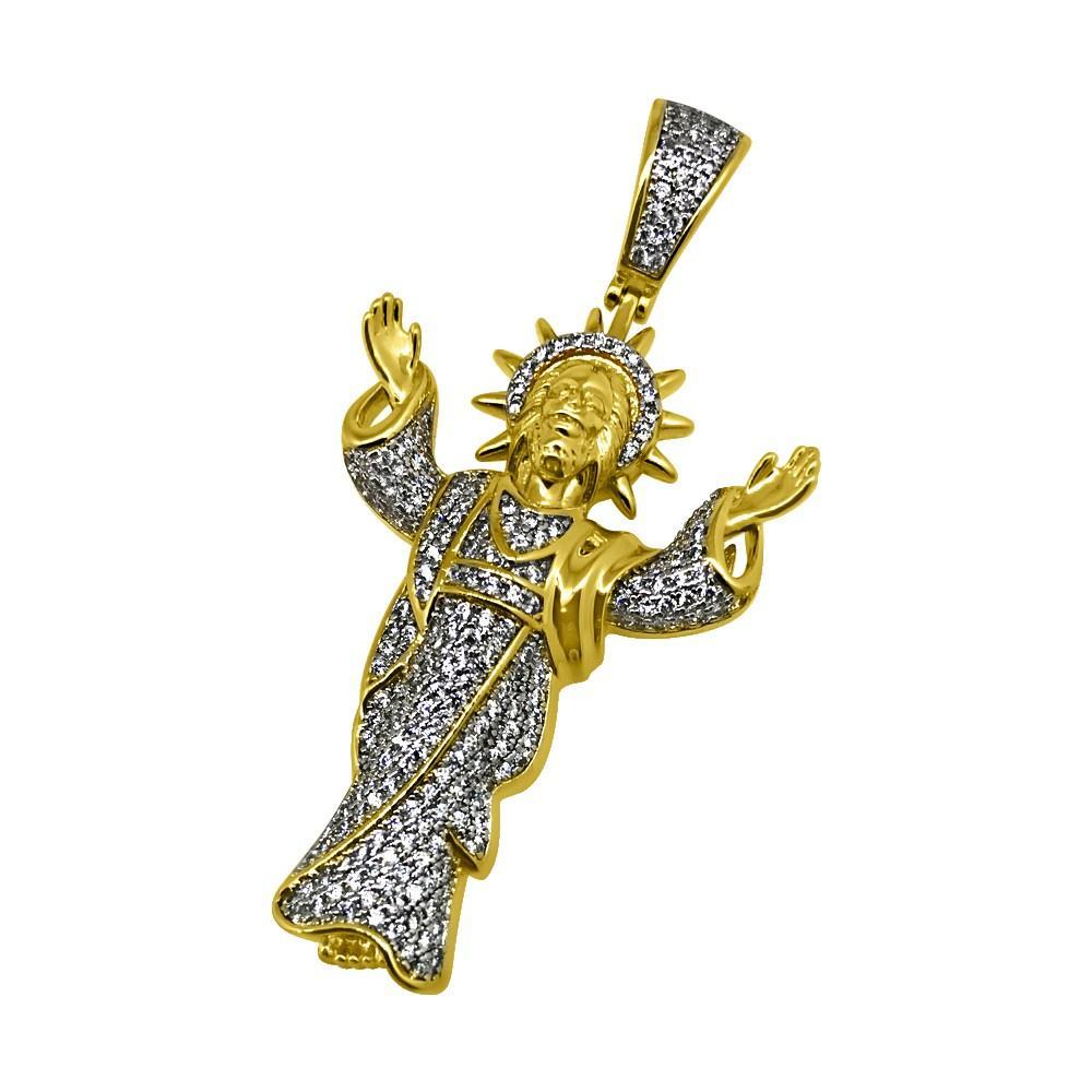.925 Silver Gold Jesus Open Arms CZ Bling Bling Pendant HipHopBling