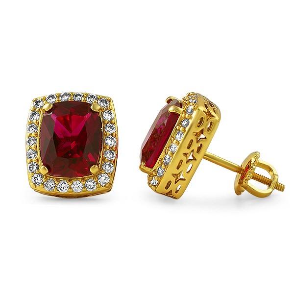 .925 Silver Gold Lab Ruby CZ Earrings HipHopBling