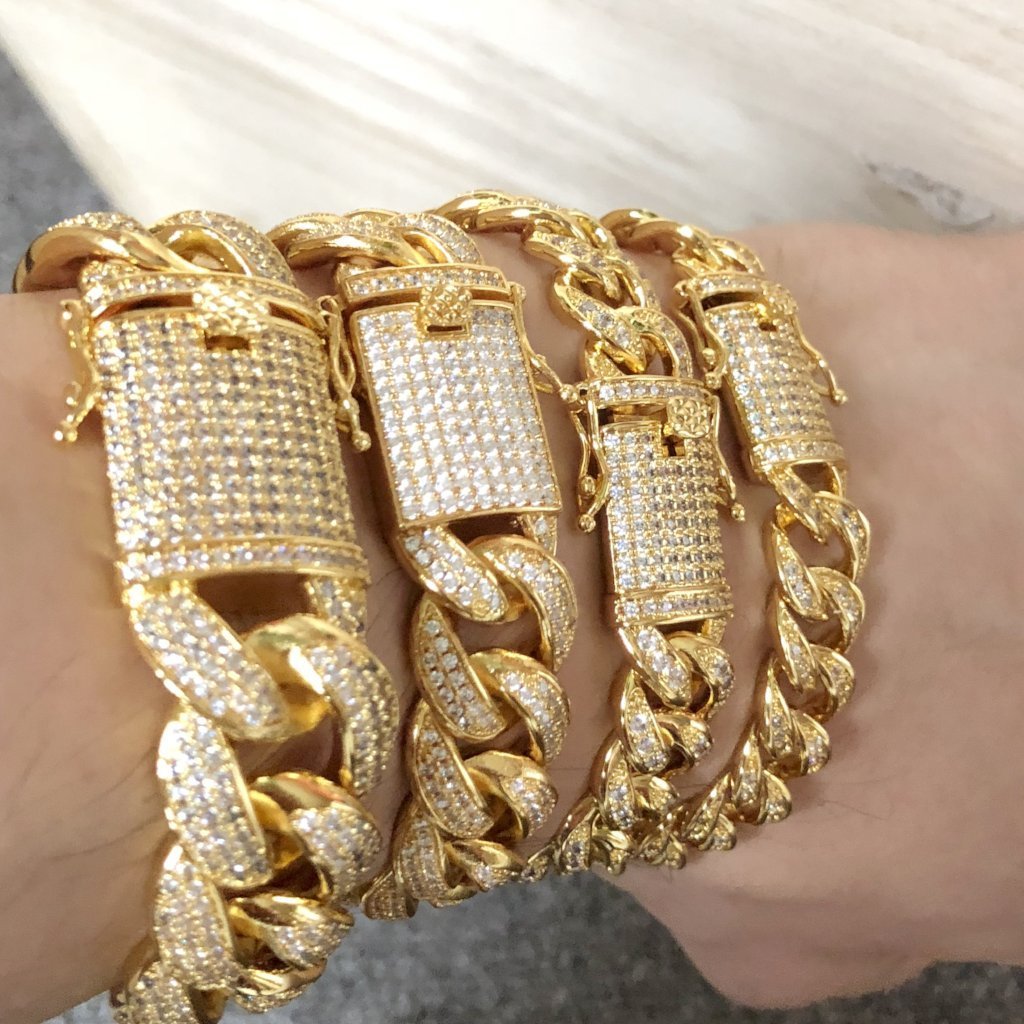 .925 Silver Gold Miami Cuban CZ Bling Bracelet Ice Lock 7" HipHopBling