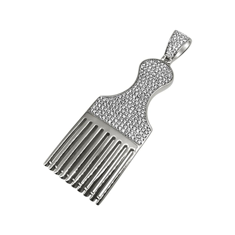 .925 Silver Hair Pic Barber CZ Bling Bling Pendant White Gold HipHopBling