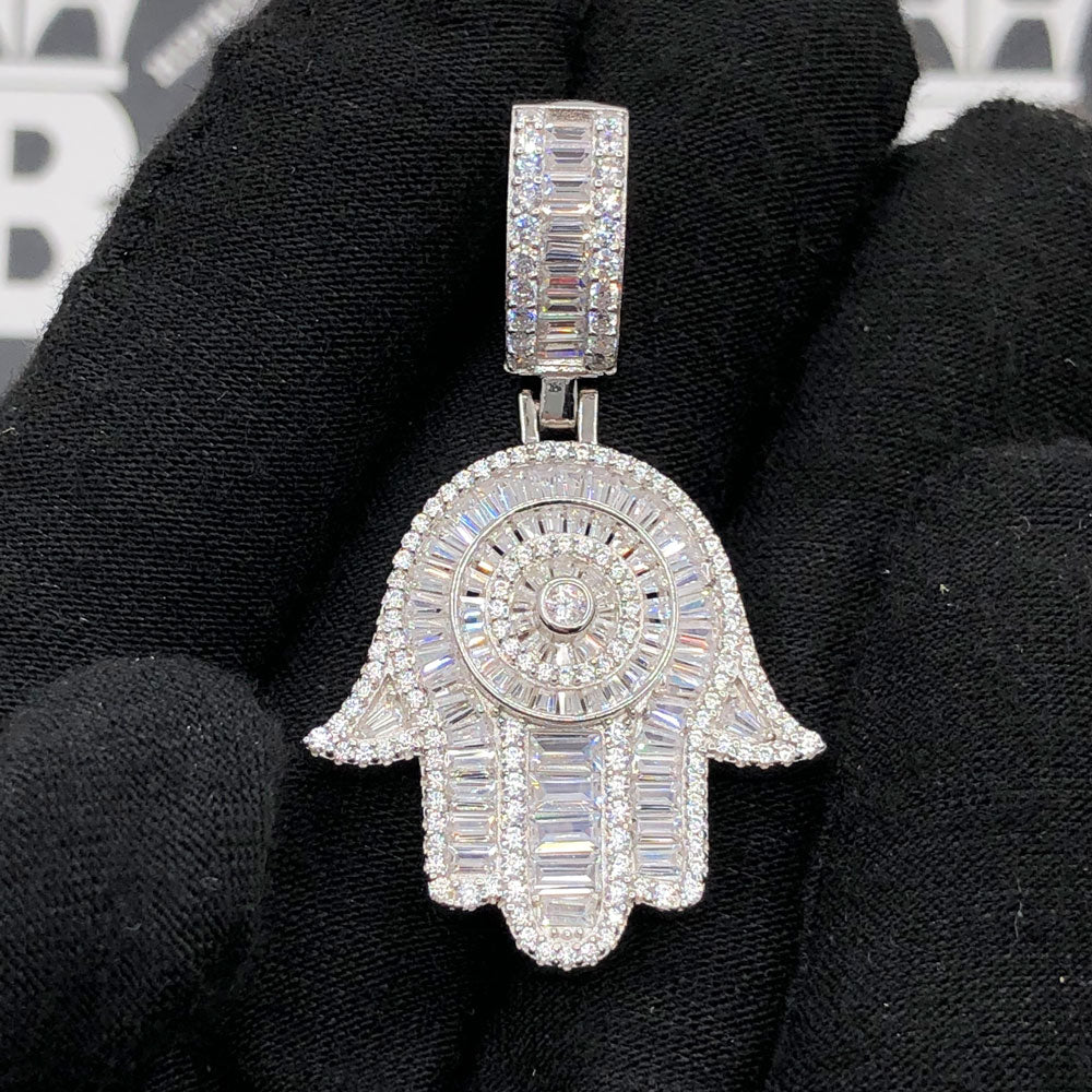 .925 Silver Hamsa Baguette VVS CZ Iced Out Pendant White Gold HipHopBling