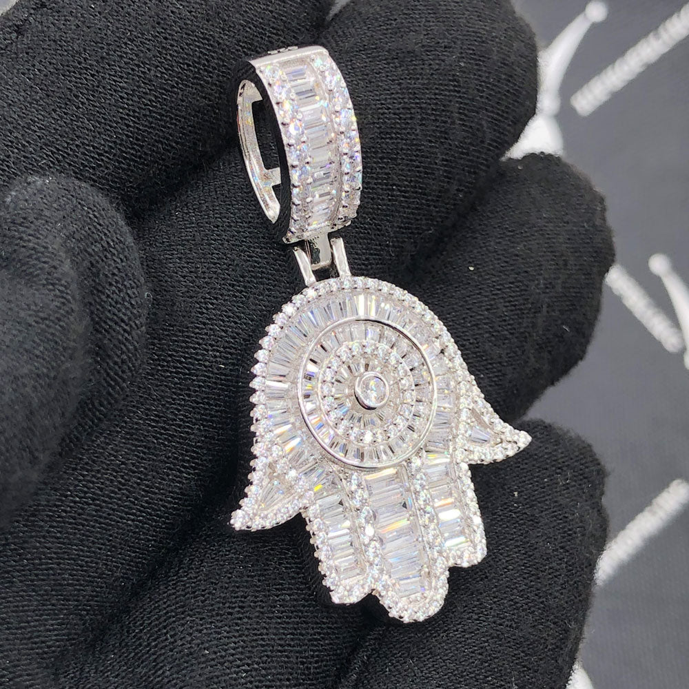 .925 Silver Hamsa Baguette VVS CZ Iced Out Pendant White Gold HipHopBling