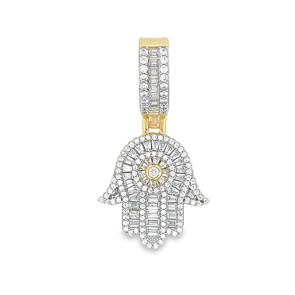 .925 Silver Hamsa Baguette VVS CZ Iced Out Pendant White Gold HipHopBling