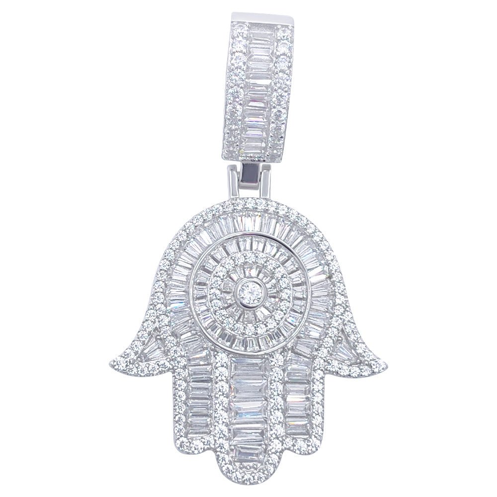 .925 Silver Hamsa Baguette VVS CZ Iced Out Pendant White Gold HipHopBling
