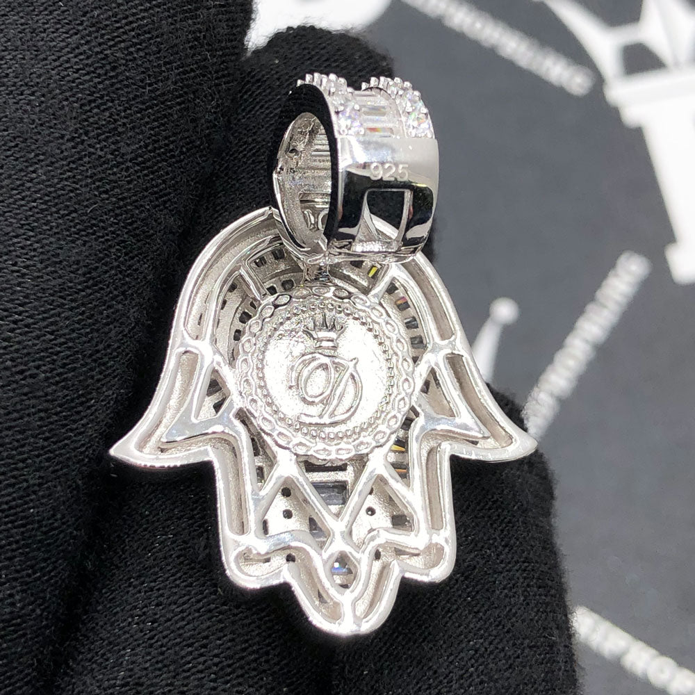 .925 Silver Hamsa Baguette VVS CZ Iced Out Pendant White Gold HipHopBling