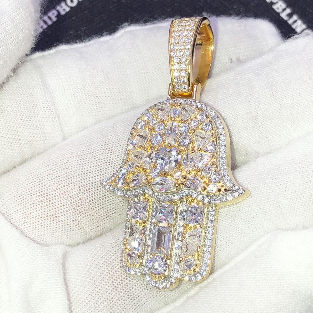 .925 Silver Hamsa Stone Medley VVS CZ Iced Out Pendant Yellow Gold HipHopBling