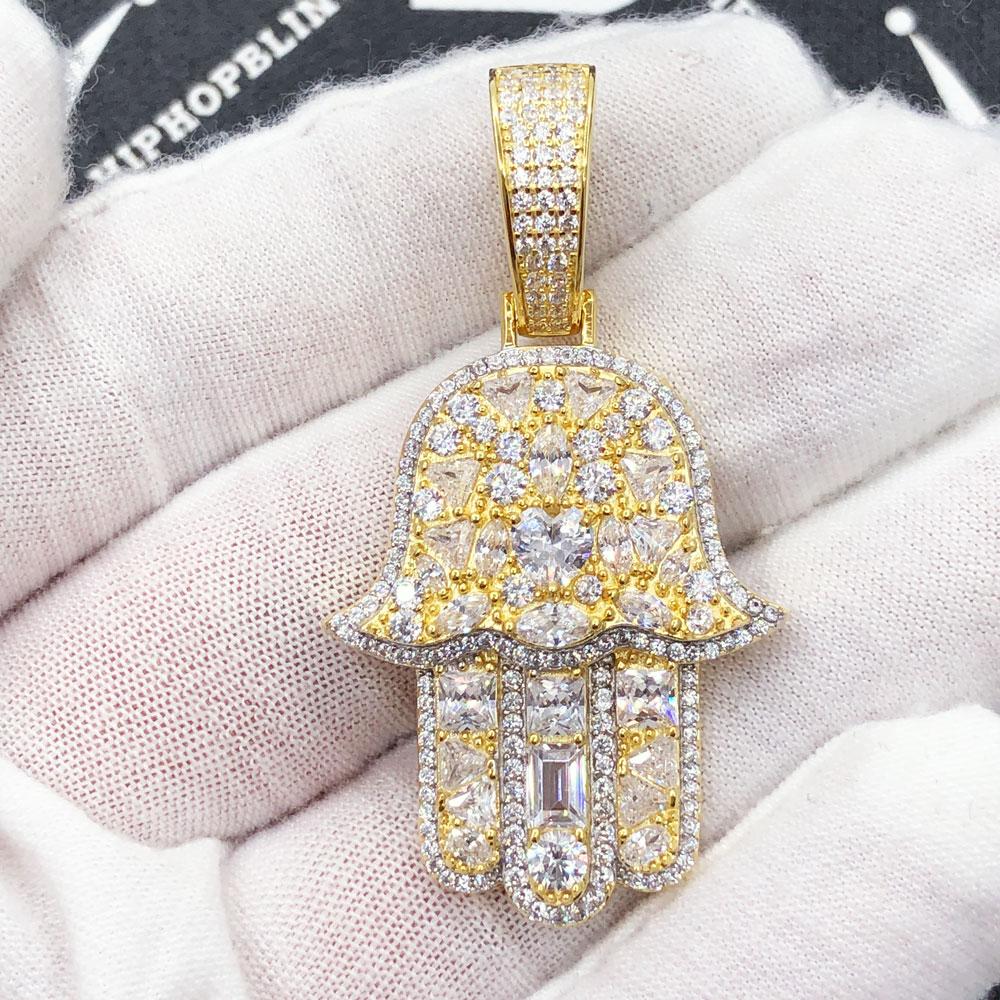 .925 Silver Hamsa Stone Medley VVS CZ Iced Out Pendant Yellow Gold HipHopBling