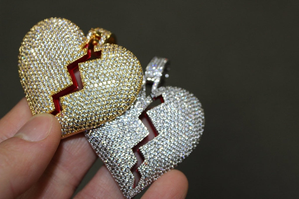 .925 Silver Heart Breaker Rhodium CZ Bling Bling Pendant White Gold HipHopBling