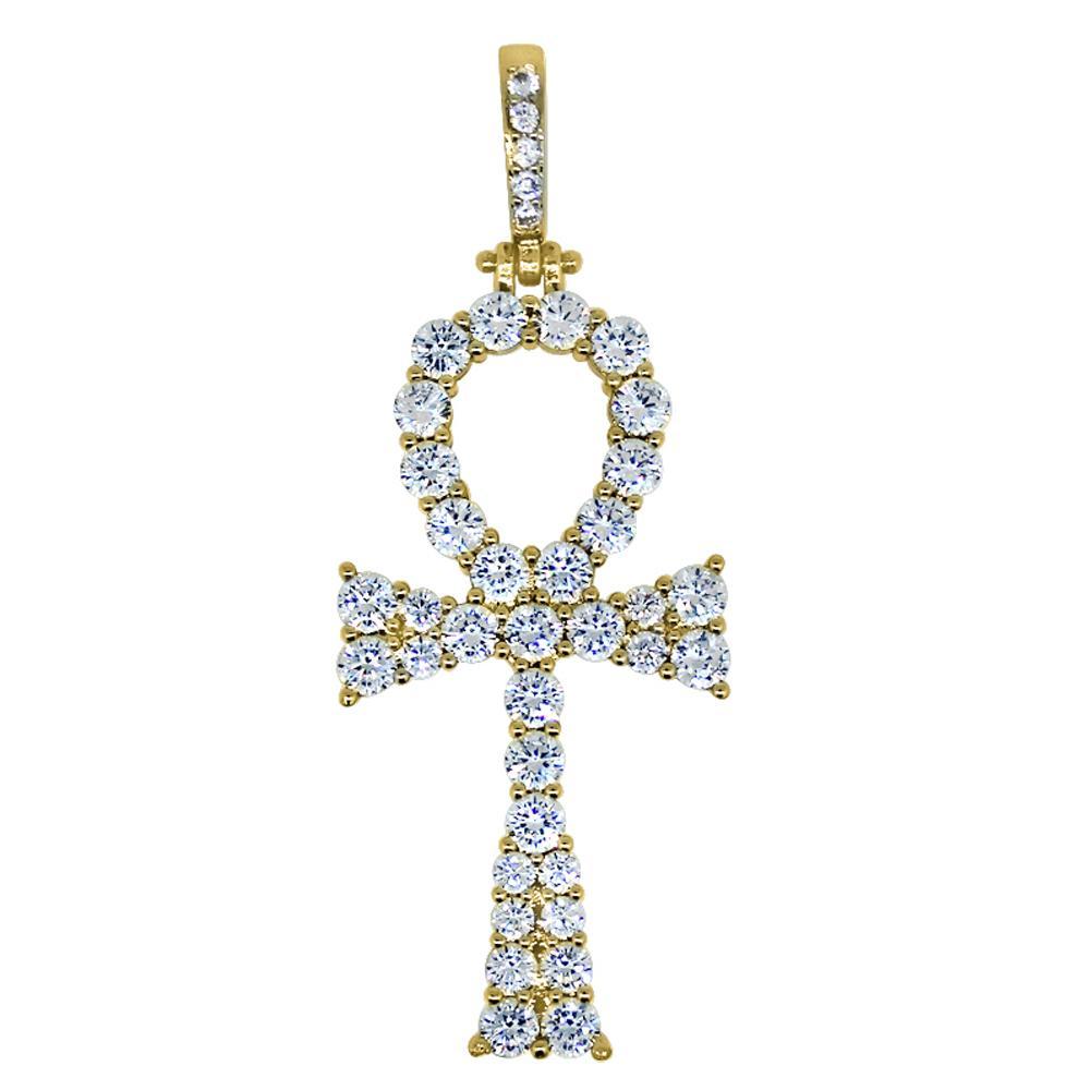 .925 Silver Hot Ankh CZ Bling Bling Cross Yellow Gold HipHopBling