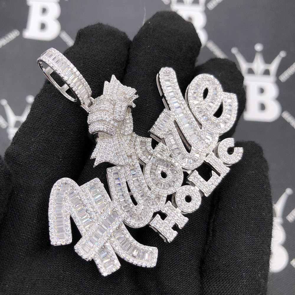 .925 Silver Hustle Holic Baguette VVS CZ Iced Out Pendant White Gold HipHopBling