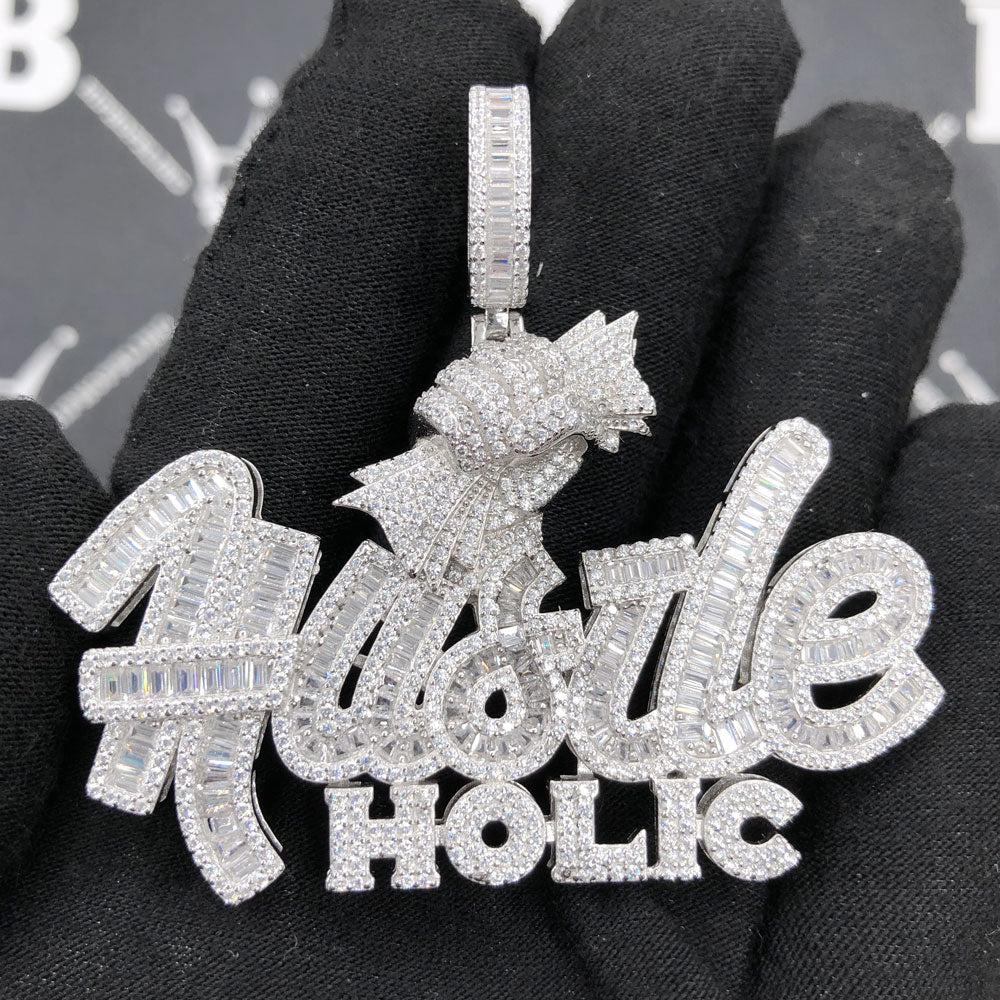 .925 Silver Hustle Holic Baguette VVS CZ Iced Out Pendant White Gold HipHopBling