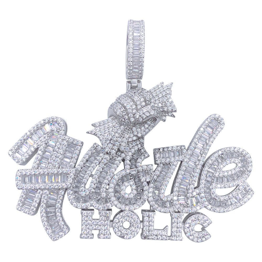 .925 Silver Hustle Holic Baguette VVS CZ Iced Out Pendant White Gold HipHopBling
