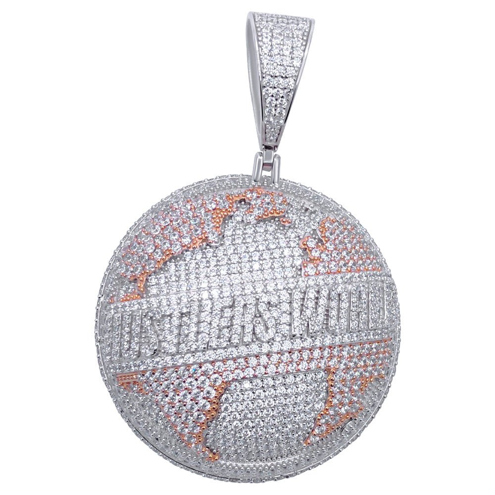 .925 Silver Hustlers World VVS CZ Iced Out Pendant White Gold HipHopBling