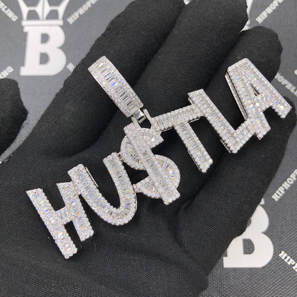 .925 Silver HU$TLA Baguette VVS CZ Iced Out Pendant HipHopBling