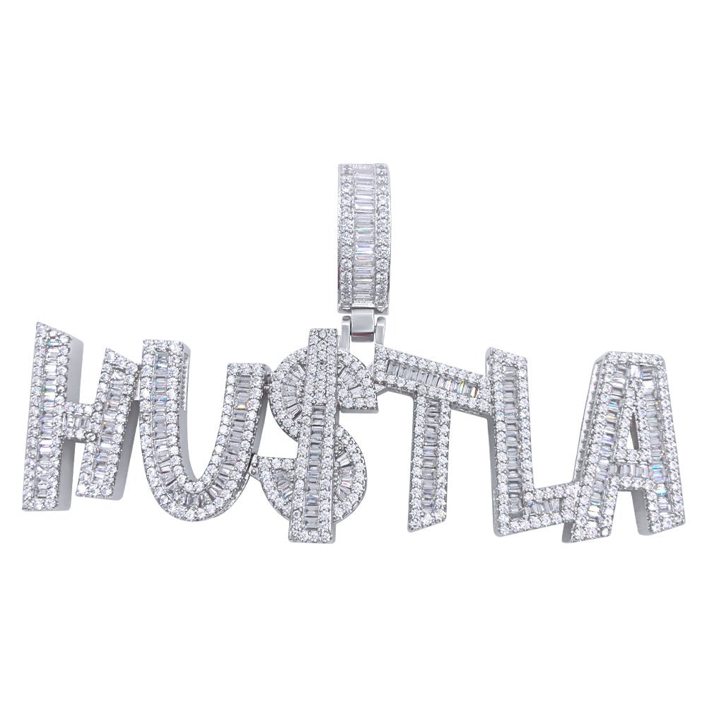 .925 Silver HU$TLA Baguette VVS CZ Iced Out Pendant White Gold HipHopBling