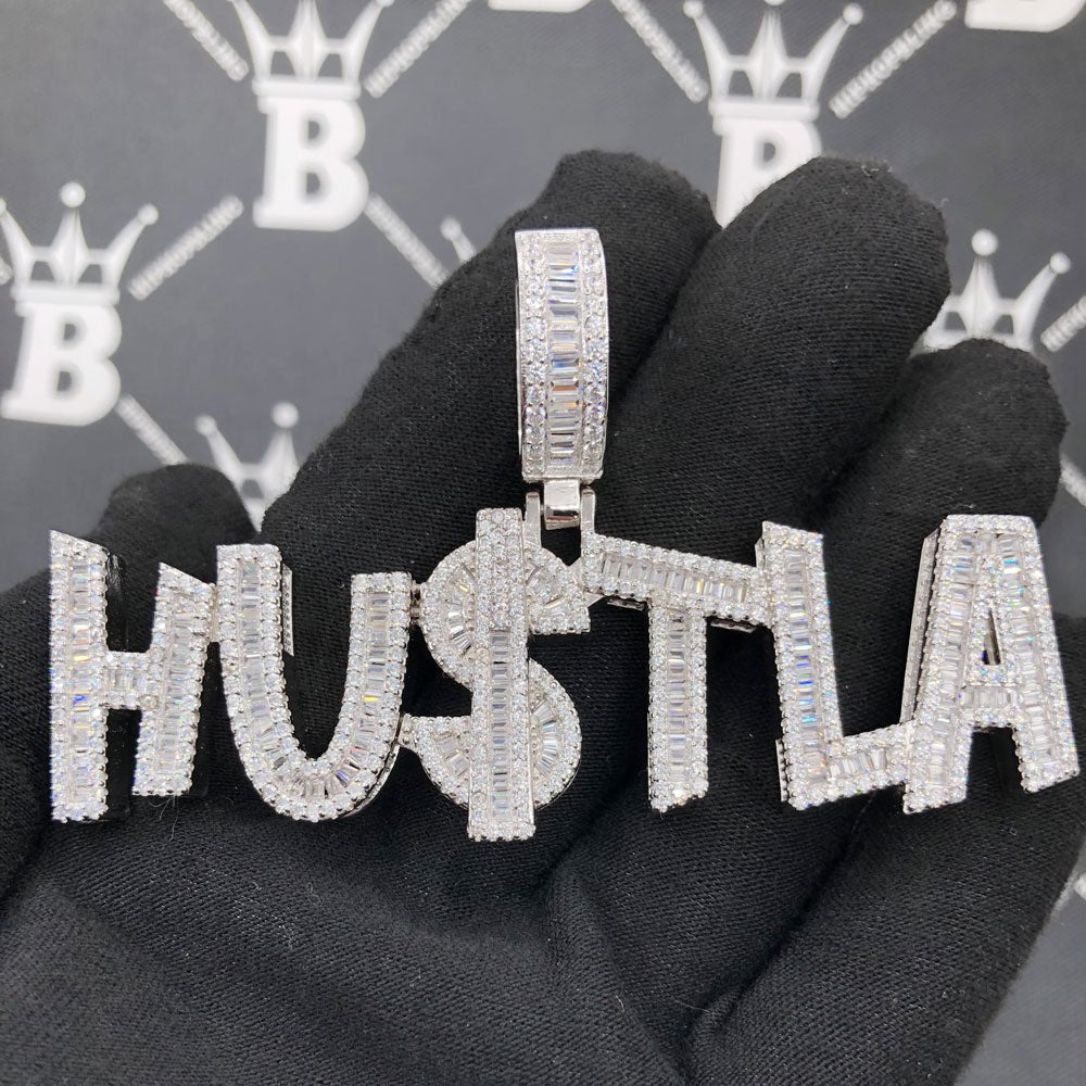 .925 Silver HU$TLA Baguette VVS CZ Iced Out Pendant White Gold HipHopBling