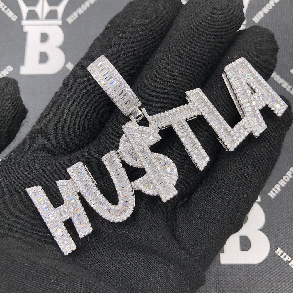 .925 Silver HU$TLA Baguette VVS CZ Iced Out Pendant White Gold HipHopBling