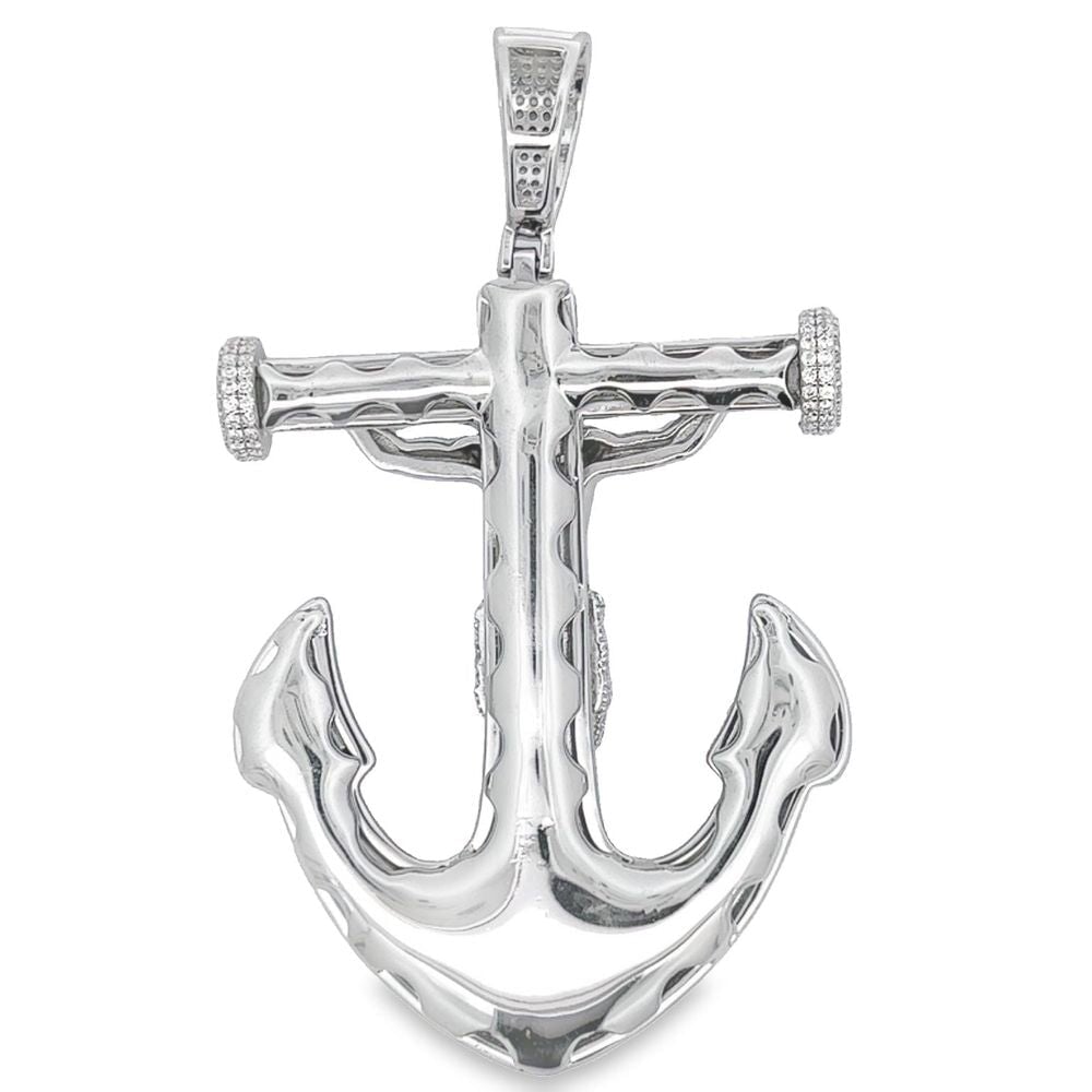 .925 Silver Jesus Crucifix Anchor Baguette CZ Iced Out Pendant HipHopBling