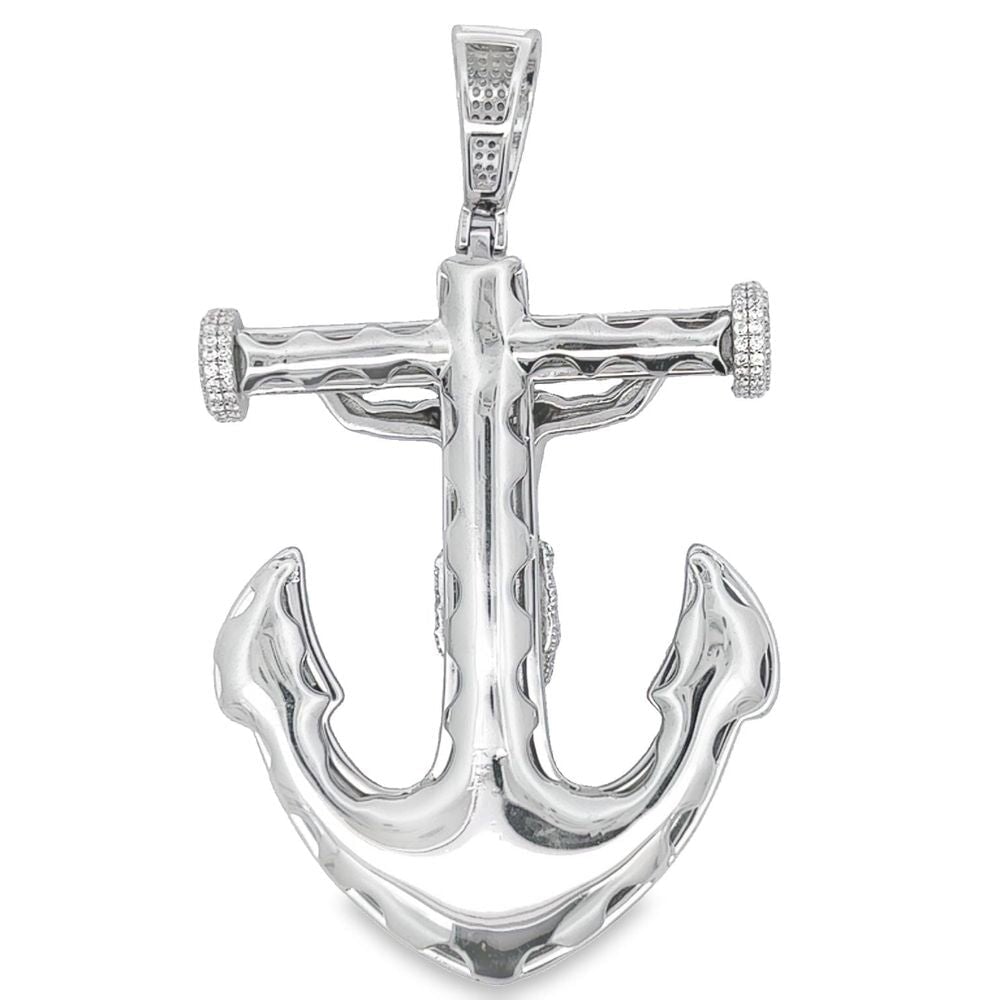 .925 Silver Jesus Crucifix Anchor Baguette CZ Iced Out Pendant White Gold HipHopBling