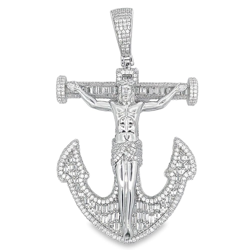 .925 Silver Jesus Crucifix Anchor Baguette CZ Iced Out Pendant White Gold HipHopBling