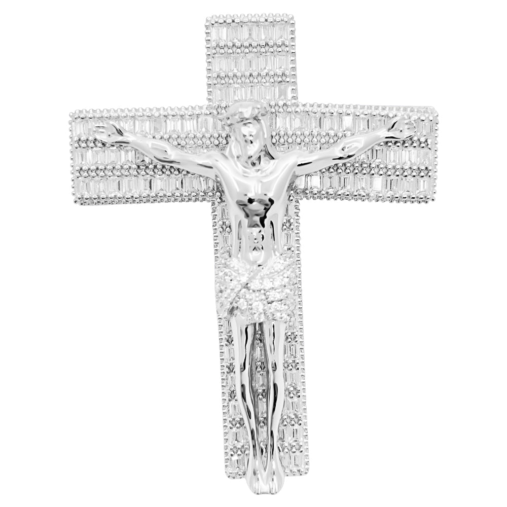 .925 Silver Jesus Crucifix Baguette CZ Iced Out Pendant HipHopBling