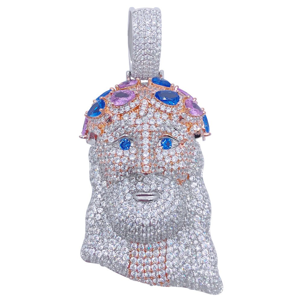 .925 Silver Jesus Gem Crown VVS CZ Iced Out Pendant White Gold HipHopBling