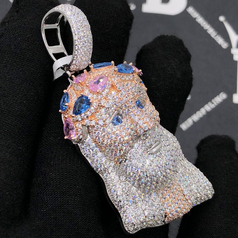.925 Silver Jesus Gem Crown VVS CZ Iced Out Pendant White Gold HipHopBling
