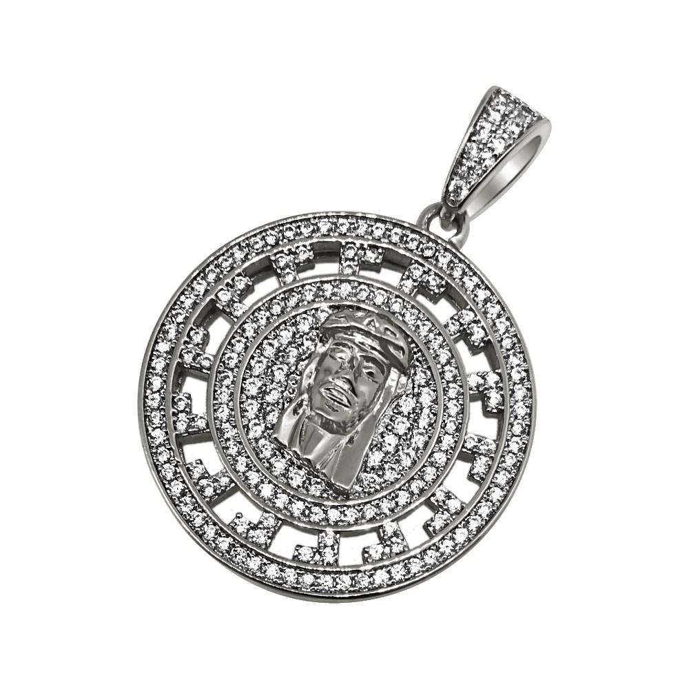 .925 Silver Jesus Greek Pattern CZ Circle Pendant White Gold HipHopBling