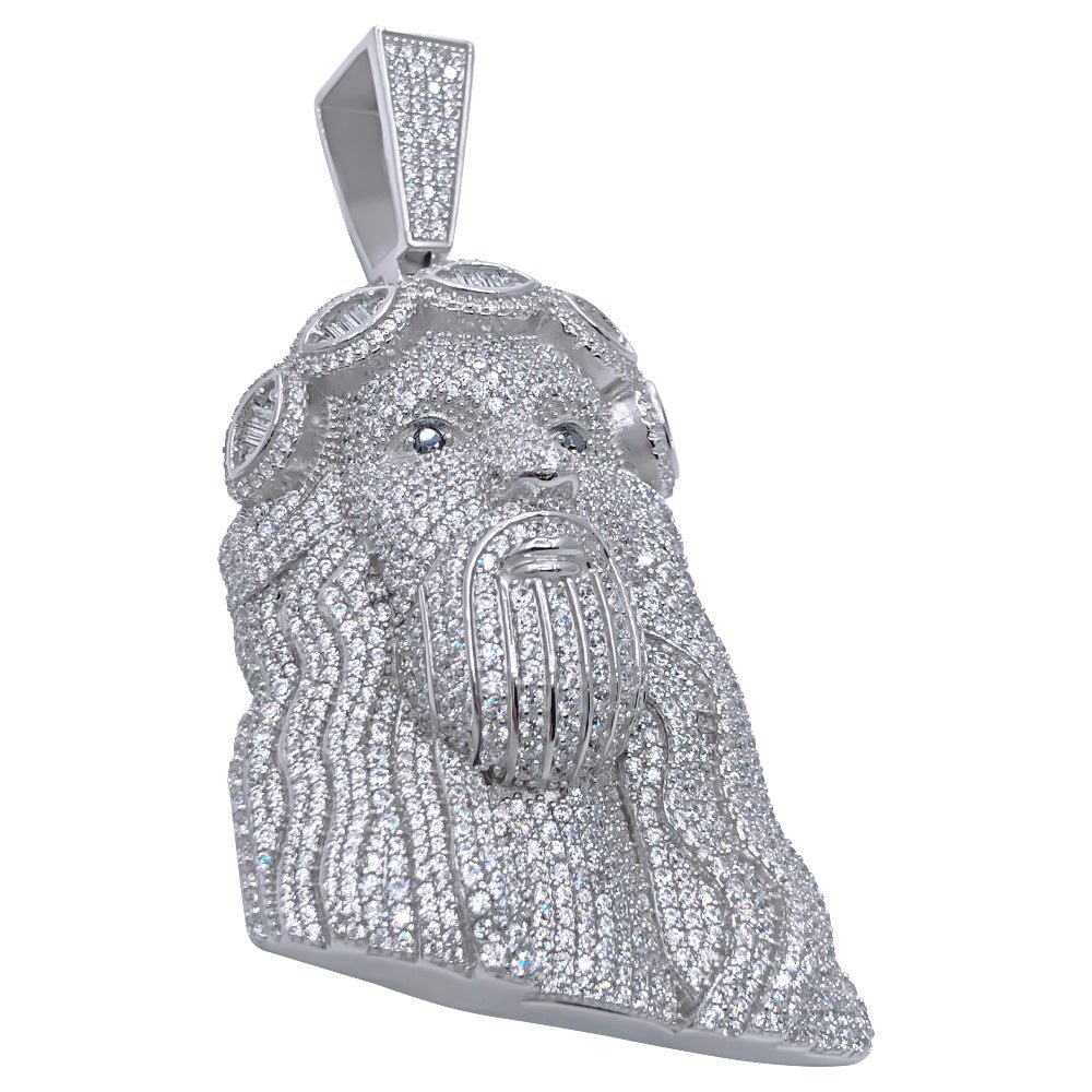 .925 Silver Jesus Piece Baguette Crown VVS CZ Iced Out Pendant White Gold HipHopBling