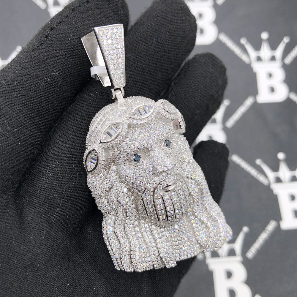 .925 Silver Jesus Piece Baguette Crown VVS CZ Iced Out Pendant White Gold HipHopBling