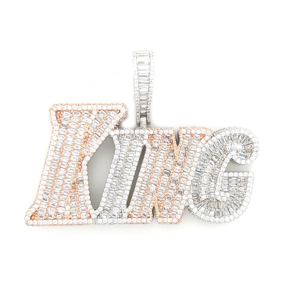 .925 Silver KING Baguette VVS CZ Iced Out Pendant Rose/White HipHopBling