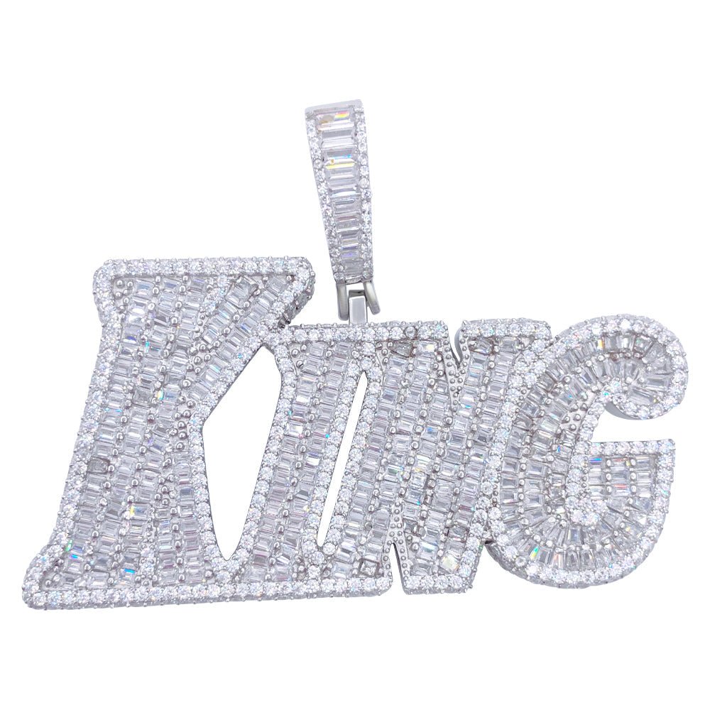 .925 Silver KING Baguette VVS CZ Iced Out Pendant White Gold HipHopBling