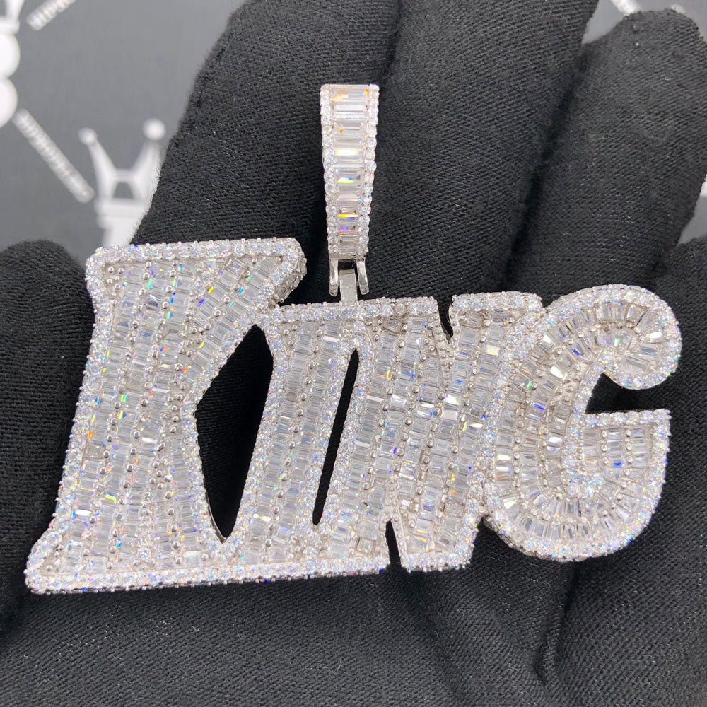 .925 Silver KING Baguette VVS CZ Iced Out Pendant White Gold HipHopBling