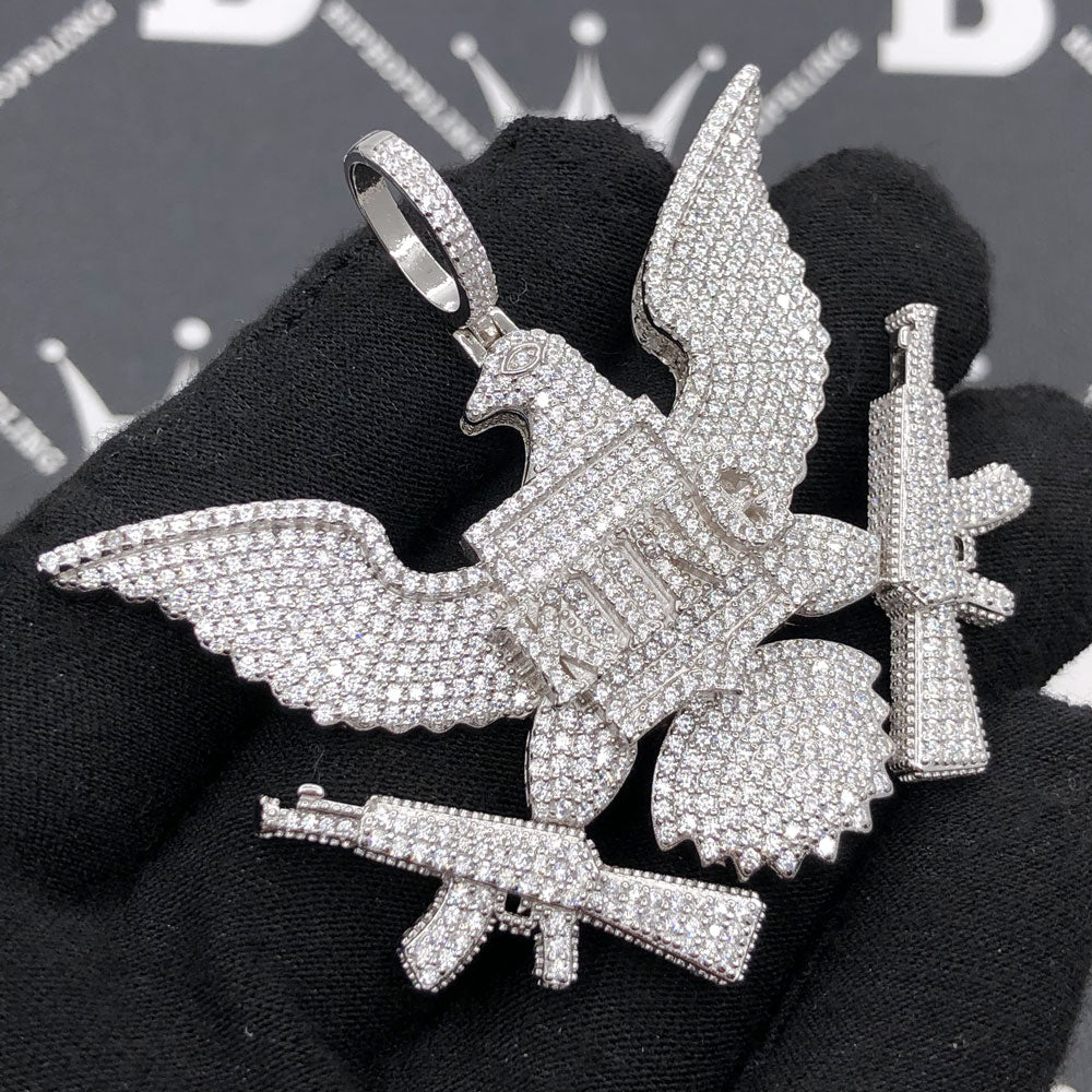 .925 Silver KING Bald Eagle VVS CZ Iced Out Pendant White Gold HipHopBling
