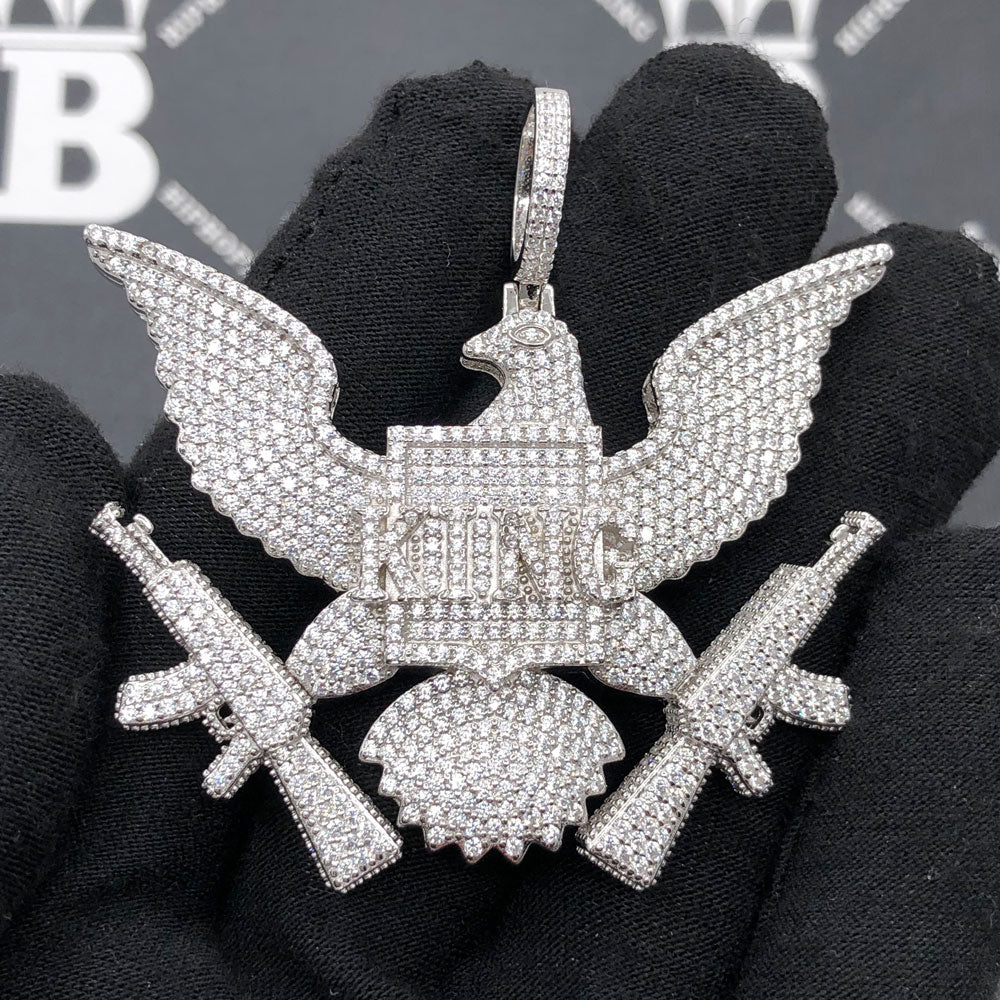 .925 Silver KING Bald Eagle VVS CZ Iced Out Pendant White Gold HipHopBling