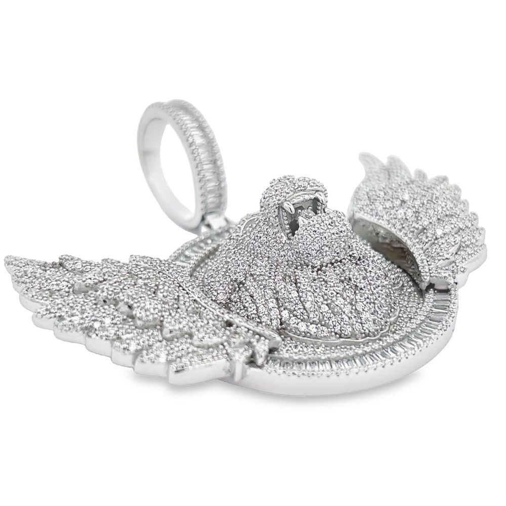 .925 Silver Lion Head With Wings Baguette CZ Iced Out Pendant HipHopBling