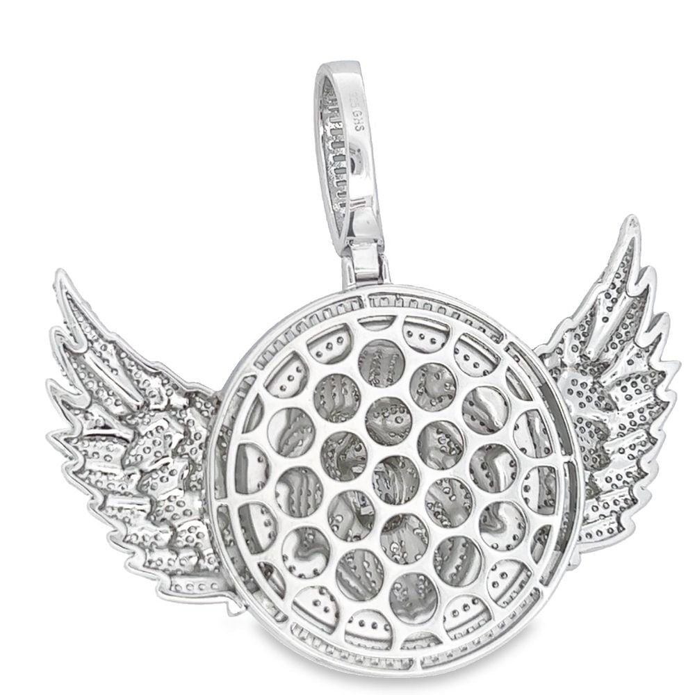 .925 Silver Lion Head With Wings Baguette CZ Iced Out Pendant White Gold HipHopBling