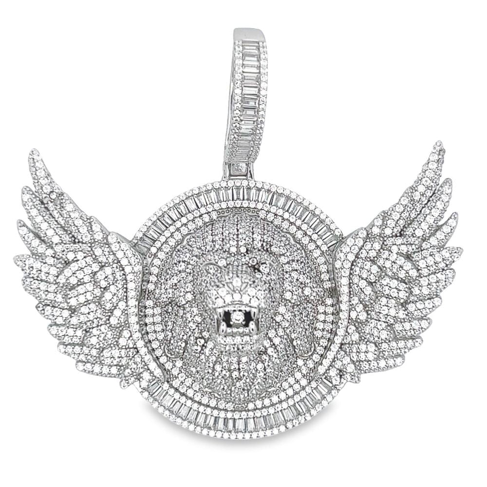 .925 Silver Lion Head With Wings Baguette CZ Iced Out Pendant White Gold HipHopBling