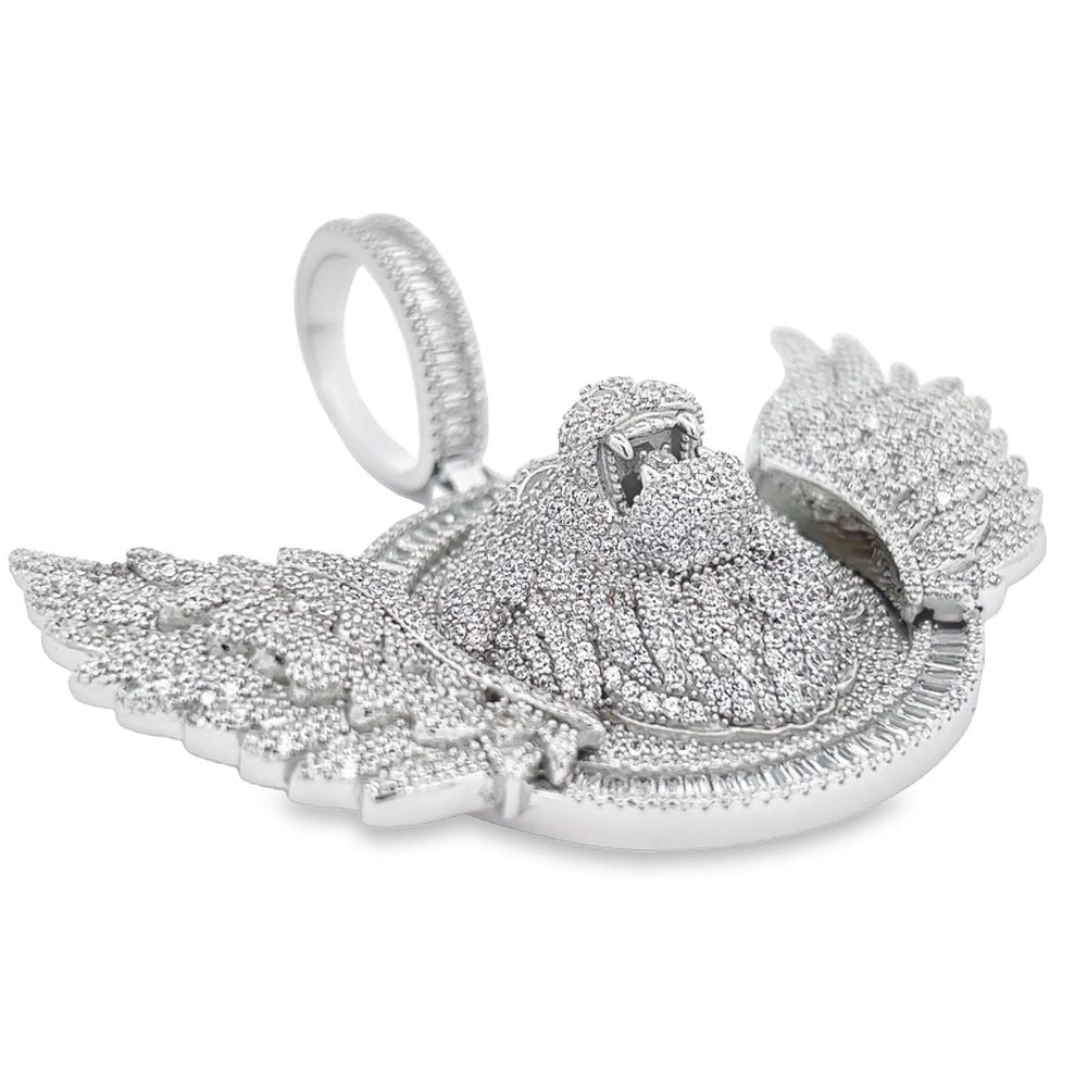 .925 Silver Lion Head With Wings Baguette CZ Iced Out Pendant White Gold HipHopBling