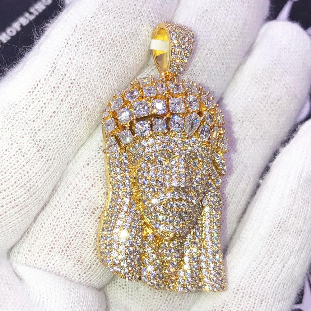 .925 Silver Medley Crown Jesus Piece VVS CZ Iced Out Pendant Yellow Gold HipHopBling
