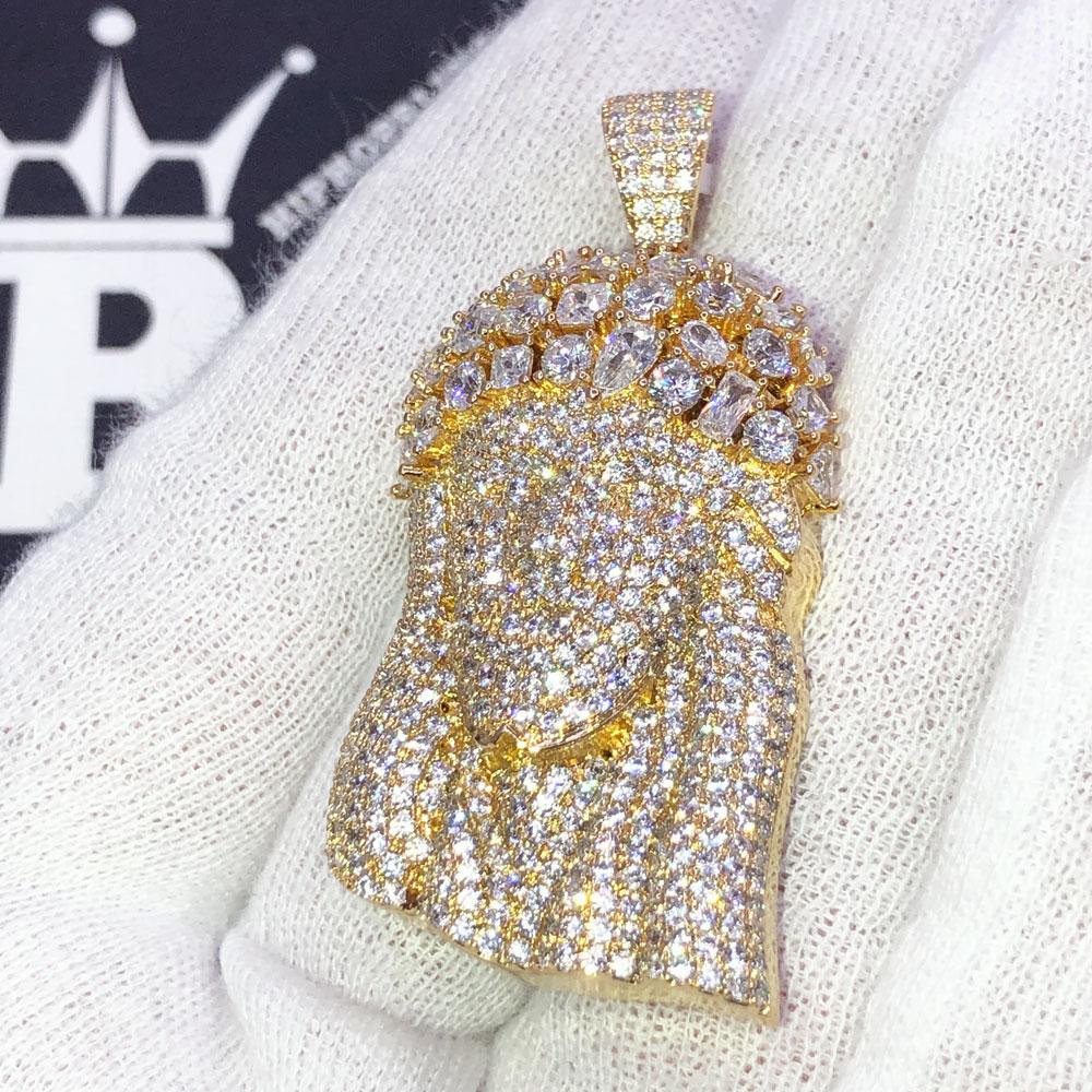 .925 Silver Medley Crown Jesus Piece VVS CZ Iced Out Pendant Yellow Gold HipHopBling