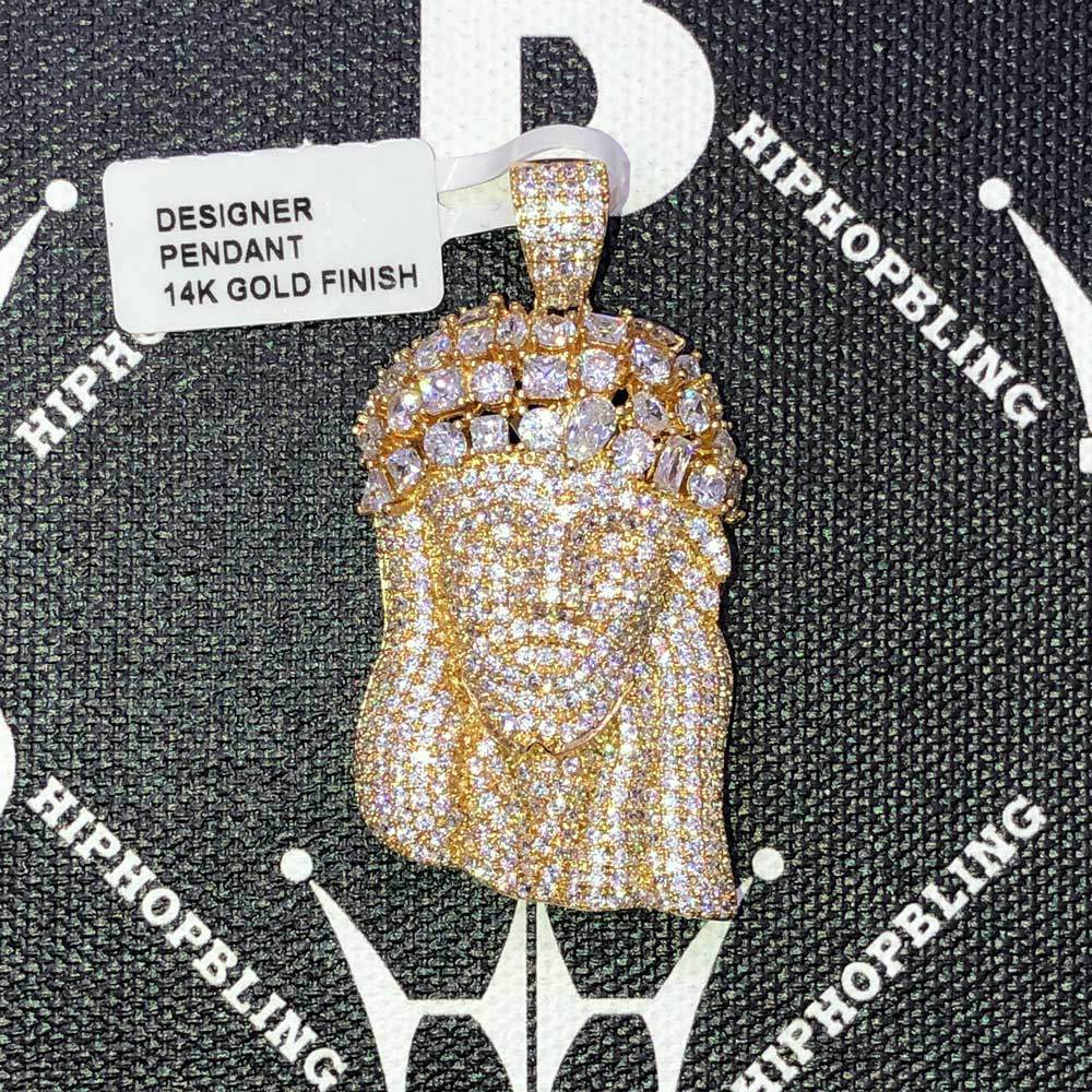 .925 Silver Medley Crown Jesus Piece VVS CZ Iced Out Pendant Yellow Gold HipHopBling