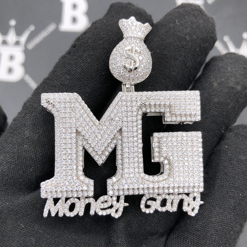 .925 Silver MG Money Gang VVS CZ Iced Out Pendant White Gold HipHopBling