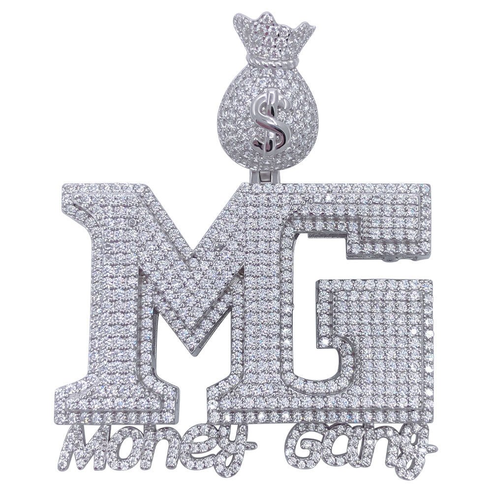 .925 Silver MG Money Gang VVS CZ Iced Out Pendant White Gold HipHopBling