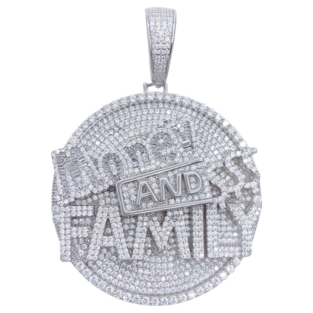 .925 Silver Money and Family $$$ VVS CZ Iced Out Pendant White Gold HipHopBling