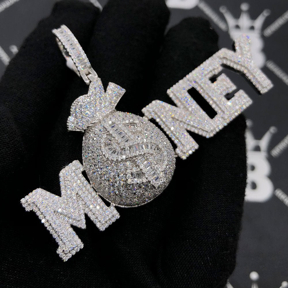 .925 Silver MONEY $ Bag VVS CZ Iced Out Pendant White Gold HipHopBling