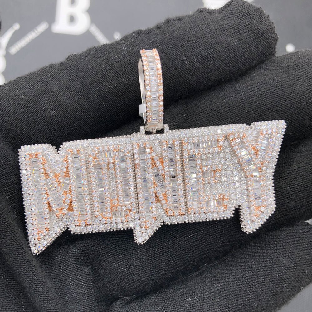 .925 Silver MONEY Baguette VVS CZ Iced Out Pendant White Gold HipHopBling